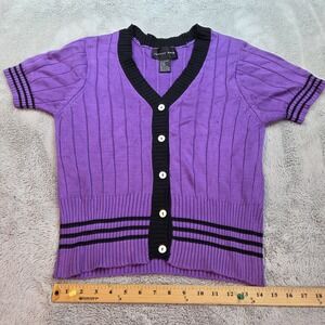 August‎ Silk Cardigan Womens Med Purple Ribbed Knit Short Sleeve Crop Sweater
